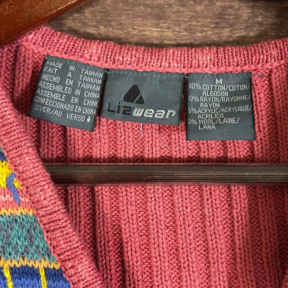 Vtg Lizwear Liz Claireborn Fair Isle Sweater Vest Pink Button Cottage Granny M - Picture 3 of 7